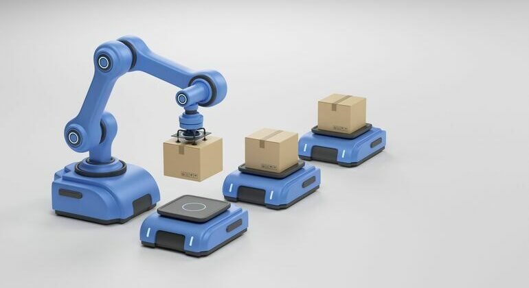 Smart_industry_production_factory_warehouse_logistic_and_transport_Future_Technology._Engineer_operating_vehicle_autonomous_guided__robot_AGV_system_robotic_arm_carry_cardboard_box._3d_rendering.