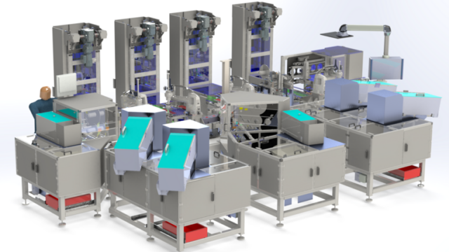 Vier Scara-Roboter montieren Bluttest-Fläschchen