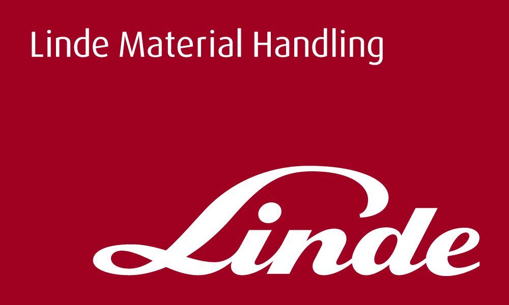 Das Logo der Linde Material Handling GmbH auf einem roten Hintergrund.